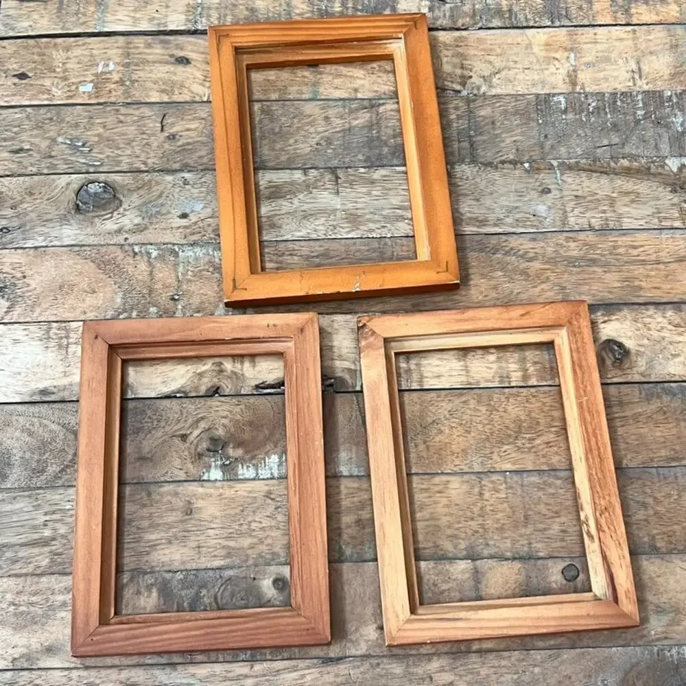 Set Of Three Solid Wood Picture Frames No Glass Light Brown Tone